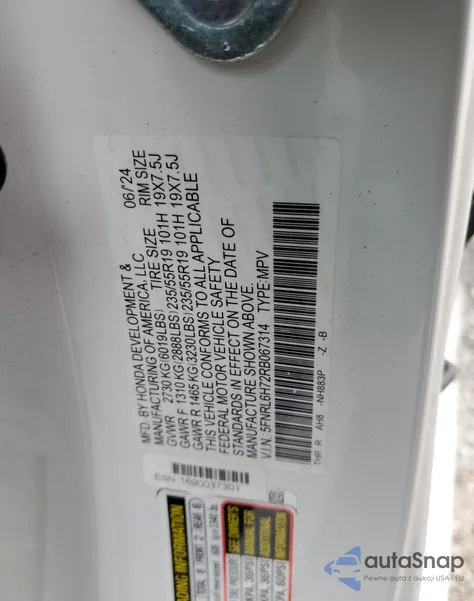 2024 Honda Odyssey Sport из США, поврежденный, VIN 5FNRL6H72RB067314